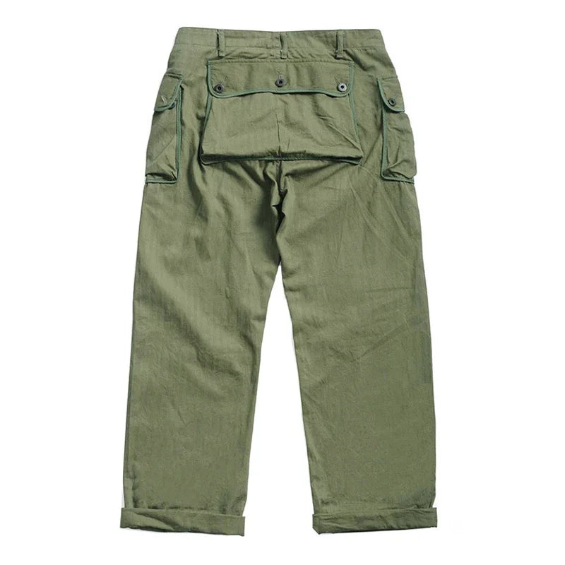 Men’s: Vintage Military Style P-44 Monkey Pants, HBT Cargo Trousers Army Green