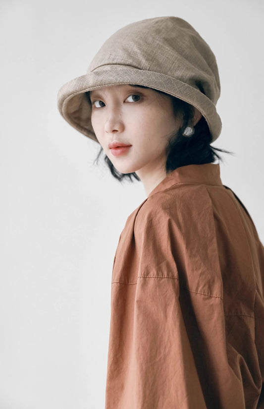 Women's: Cotton Linen Asian Style Pleated Hat - Small Brim Summer UV Resistant Breathable