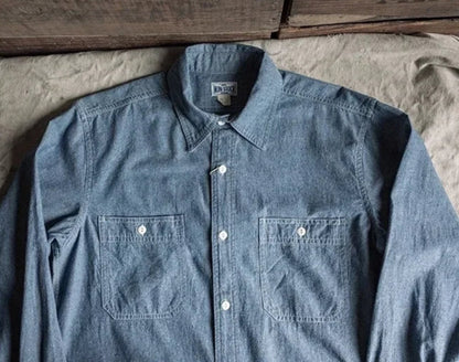 Men’s: Chambray Long Sleeve Shirt Summer/ Spring Two-Pocket Workshirt in Light Blue