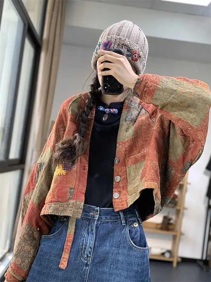 女款：亞洲風格絎縫短外套-秋冬-棉夾克寬鬆蝙蝠袖搭配V領上衣