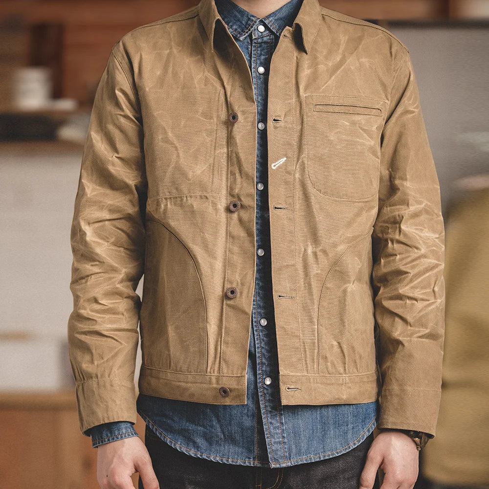 Men’s: Vintage Style Cotton Canvas Oil Wax Khaki Jacket with Multi-pocket Lapel Collar Single-breasted Autumn Jacket