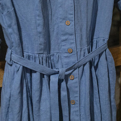 Women’s: Vintage Style Cottagecore Cotton Linen Dress with V-Neck - Short Sleeve Button Up Solid Long Maxi Dress with Pocket And Belt