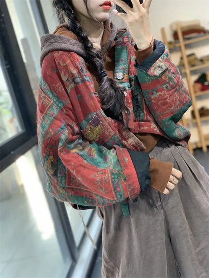 女款：亞洲風格絎縫短外套-秋冬-棉夾克寬鬆蝙蝠袖搭配V領上衣