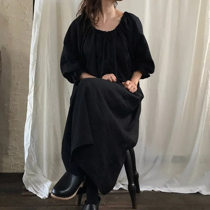 Women’s: 100% Cotton Cottagecore Boho Maxi Dress, Solid Long Sleeve with Drawstring