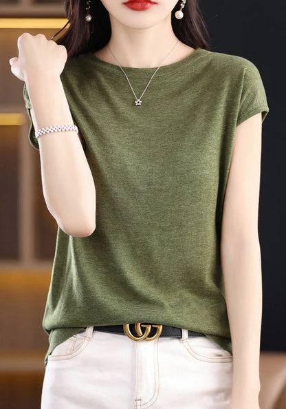 Women’s: 100% Merino Wool O-collar Pullover Short-sleeve Knitwear Fashion T-Shirt in Solid Colors