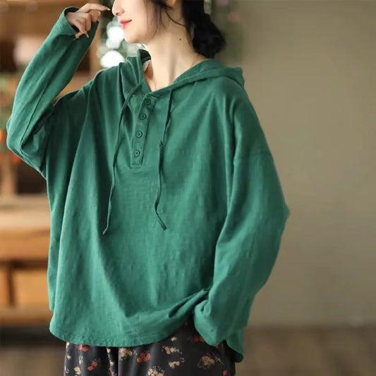 Women’s: Cotton Blend Vintage Style Hooded Solid Color Long Sleeve Button Casual Loose Shirt