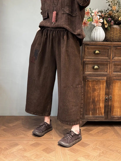 Women’s: Cotton and Linen Retro Distressed Patches Elasticated Waist Loose Pockets Straight Leg Pants