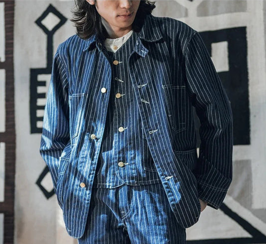Men’s: Vintage Style 1930s Wabash Stripes Jacket, Workwear Railway Denim Coat