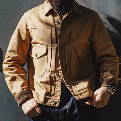 Men’s: Vintage Style Heavyweight Canvas Rancher Jacket with Collar Back Paris Button Denim Jacket Design for Fall Outerwear