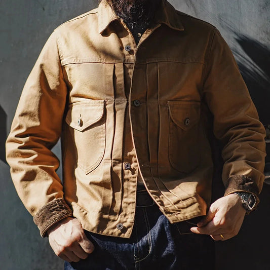 Men’s: Vintage Style Heavyweight Canvas Rancher Jacket with Collar Back Paris Button Denim Jacket Design for Fall Outerwear