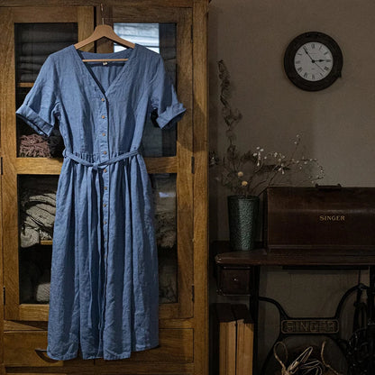 Women’s: Vintage Style Cottagecore Cotton Linen Dress with V-Neck - Short Sleeve Button Up Solid Long Maxi Dress with Pocket And Belt