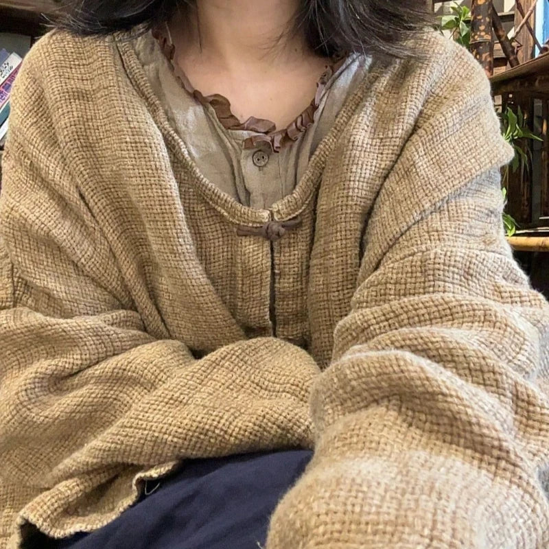 Women’s: Vintage Style Knit Cardigan Long Sleeve V-Neck Loose Sweater Casual Jacket for Autumn & Winter
