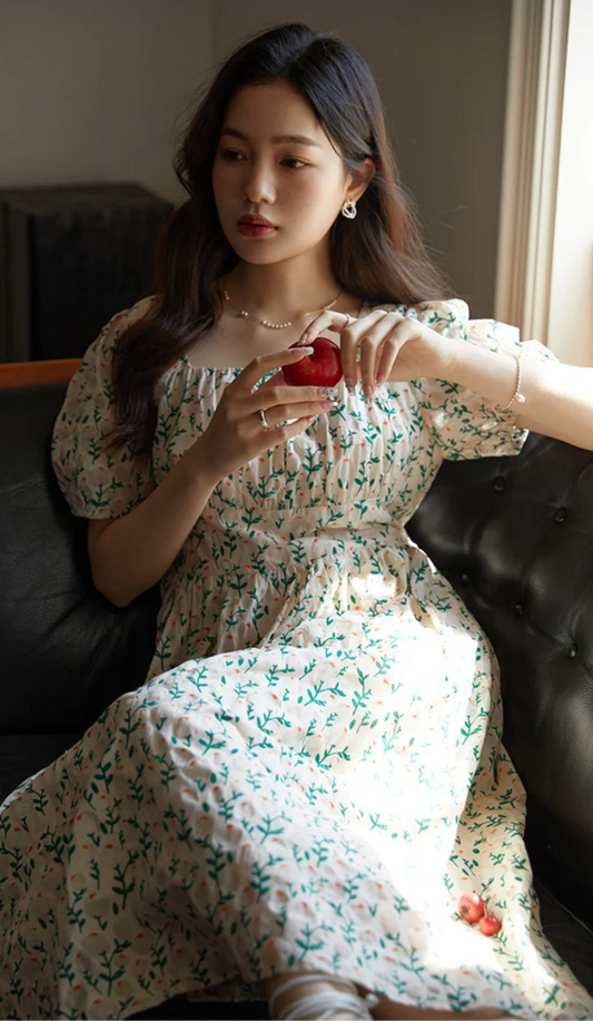 Women’s: 100% Cotton Cottagecore Peasant Dress with Square Neck Floral A-LINE Short Puff Sleeve & Tie Waist Summer Dresses
