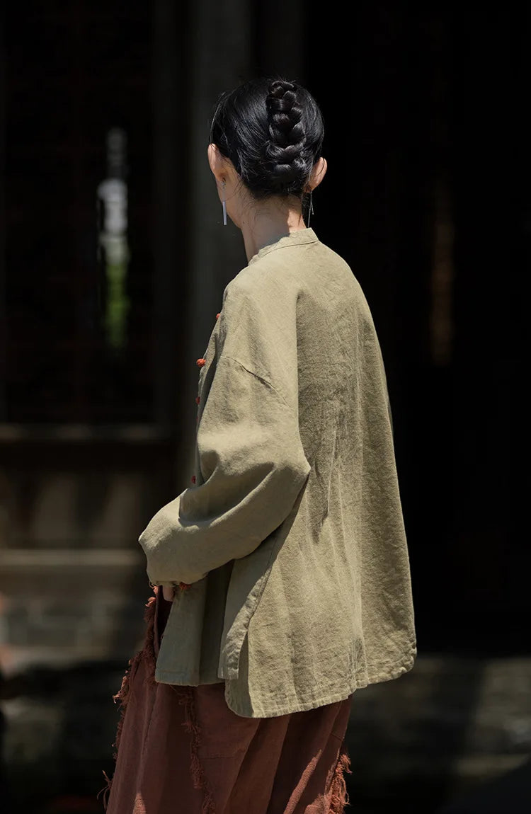 Women’s: Cotton Linen Vintage Chinese Style Ramie Patchwork Shirt, Colour Plate Button Lapel Cardigan Jacket