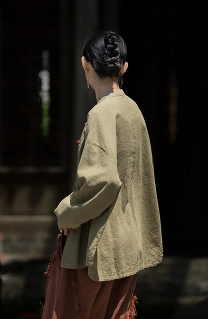 Women’s: Cotton Linen Vintage Chinese Style Ramie Patchwork Shirt, Colour Plate Button Lapel Cardigan Jacket