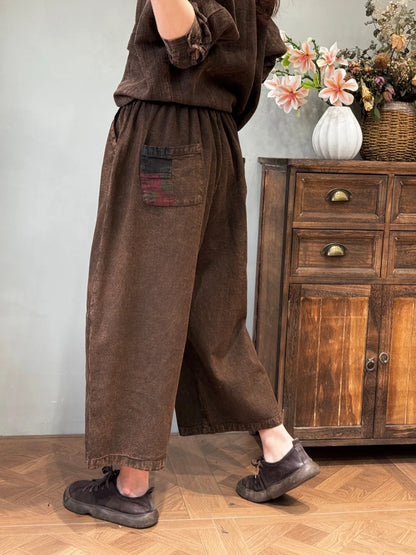 Women’s: Cotton and Linen Retro Distressed Patches Elasticated Waist Loose Pockets Straight Leg Pants