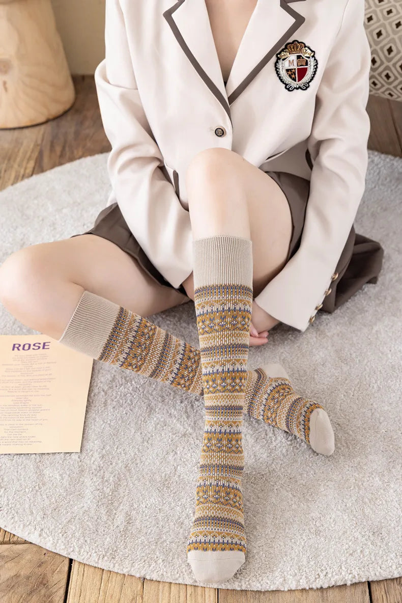 Women’s: Cotton Middle and High Tube Calf and Knee Socks Harajuku Mori Striped Socks