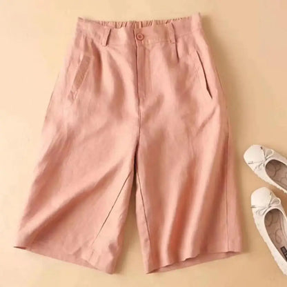 Women’s: Cotton Linen Suit Shorts with Elastic High Waistband & Straight Wide Leg A Line Work or Casual Short Pants