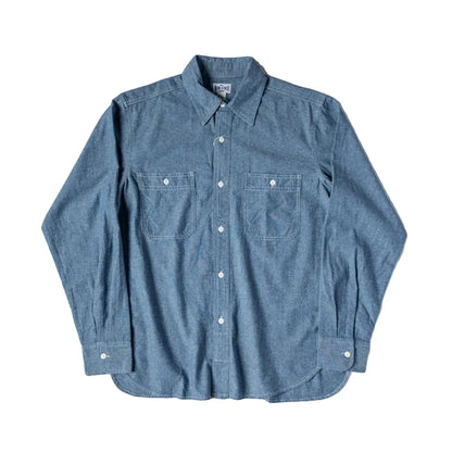 Men’s: Chambray Long Sleeve Shirt Summer/ Spring Two-Pocket Workshirt in Light Blue