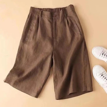 Women’s: Cotton Linen Suit Shorts with Elastic High Waistband & Straight Wide Leg A Line Work or Casual Short Pants