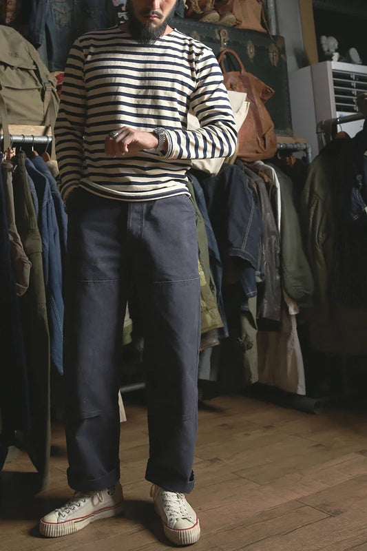 Men’s: Vintage Style Sailor’s Striped Cotton Long Sleeve Shirt with Boat Collar