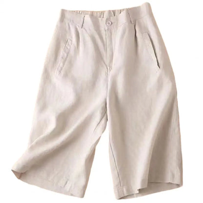 Women’s: Cotton Linen Suit Shorts with Elastic High Waistband & Straight Wide Leg A Line Work or Casual Short Pants