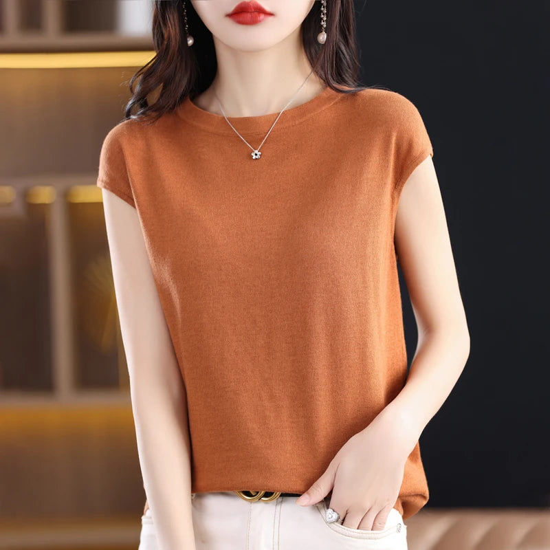 Women’s: 100% Merino Wool O-collar Pullover Short-sleeve Knitwear Fashion T-Shirt in Solid Colors