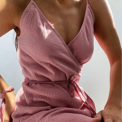 Women's: 100% Cotton Vintage Style Dress - Crepe Gauze V-Neck Sleeveless Bandage Long Maxi