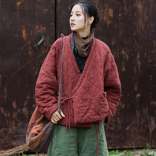 Women's: Cotton Linen Vintage Asian Style Casual Quilted Coats - Solid Colors Loose & Padded